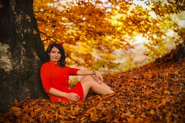 Hermosa joven morena disfruta de un día soleado de otoño en la naturaleza — Foto de Stock