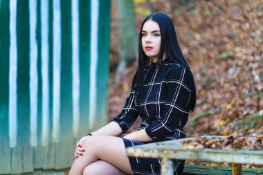 Sonbahar ormanın yakınında güzel bir esmer ile resmi bir