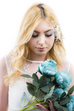 öğe, dikey, güzel bir genç kadın, makyaj gelin için