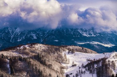 Beautiful winter landscape with Carpati Piatra Craiului mountain