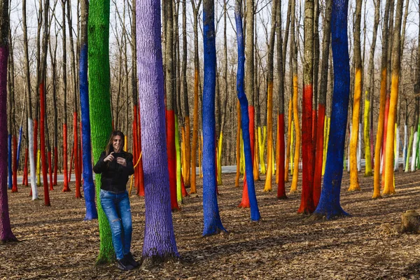 La hermosa mujer toma fotos y disfruta de un bosque pintado i — Foto de Stock