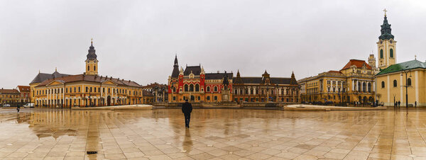 Union square (Piata Unirii) seen at the rainy day in Oradea, Rom