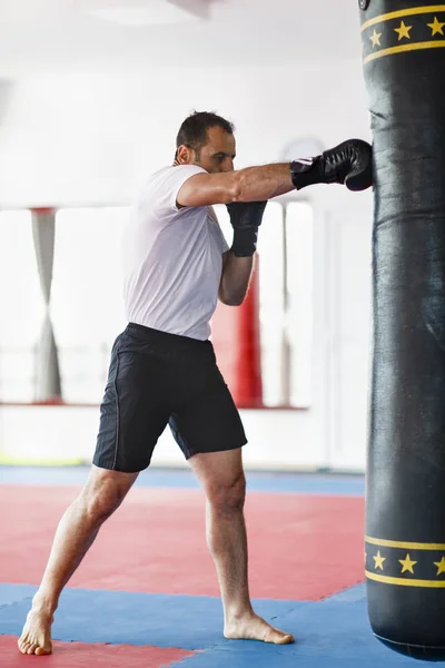 Kickbox lutador formação em um ginásio com sacos de soco, ver o todo — Fotografia de Stock
