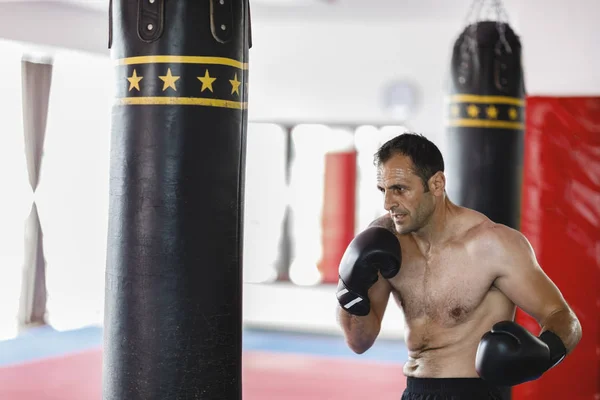 Kickbox lutador formação em um ginásio com sacos de soco, ver o todo — Fotografia de Stock