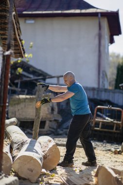 Büyük bir kayın kütüğünü ayıran güçlü bir oduncu.