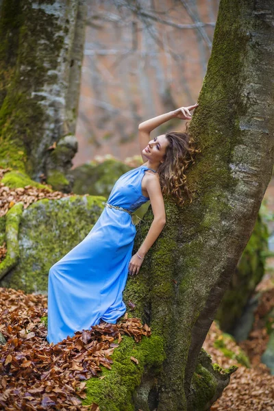 Mulher bonita em vestido azul na floresta no dia de outono — Fotografia de Stock