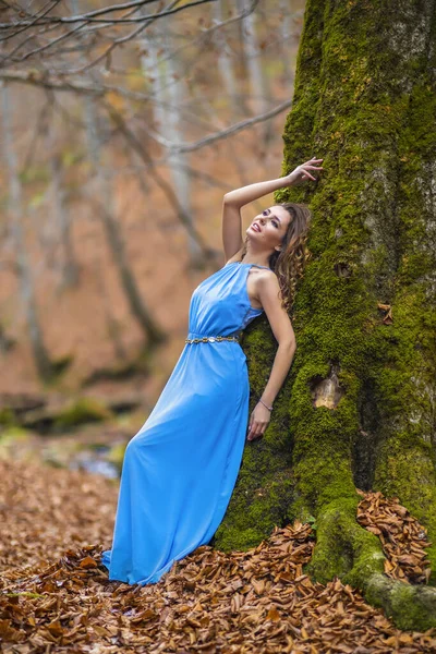 Hermosa mujer en vestido azul en el bosque en el día de otoño — Foto de Stock
