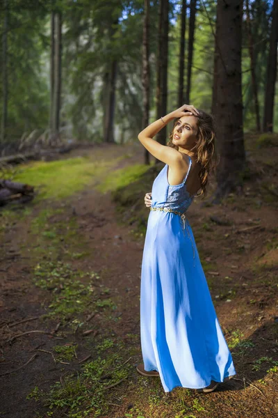 秋の日に森の中で青いドレスの美しい女性 — ストック写真