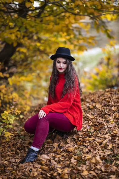 Porträt einer schönen hispanischen jungen Frau im herbstlichen Vordergrund — Stockfoto