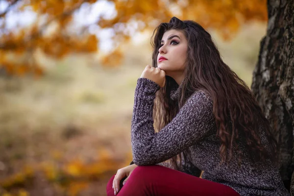 शरद ऋतूच्या समोर एक सुंदर हिस्पॅनिक तरुण स्त्रीचे पोर्ट्रेट — स्टॉक फोटो, इमेज