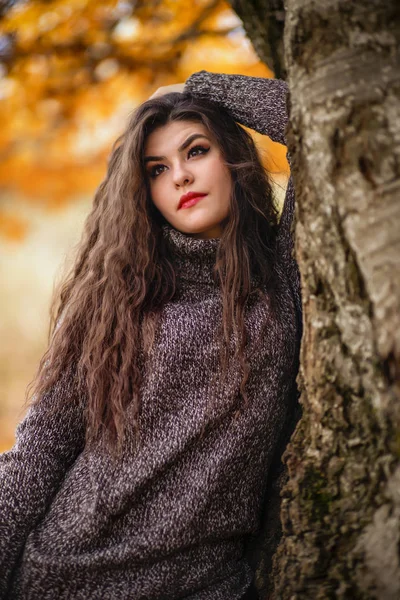 Porträt einer schönen hispanischen jungen Frau im herbstlichen Vordergrund — Stockfoto