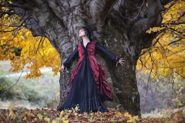 Porträt einer reifen Dame in einem Vintage-Kleid, Herbstzeit. — Stockfoto