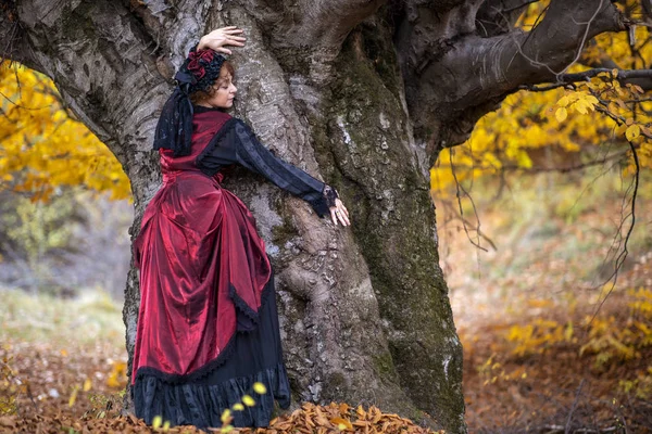 Portrait of a mature lady in a vintage dress, autumn time. — Stock Photo, Image
