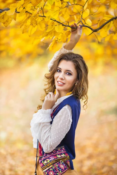 Portret van een mooie vrouw in het herfstlandschap — Stockfoto