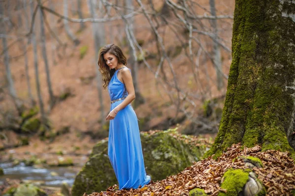 Belle femme en robe bleue dans la forêt le jour d'automne — Photo