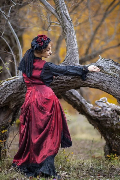 Portret van een volwassen dame in een vintage jurk, herfst tijd. — Stockfoto
