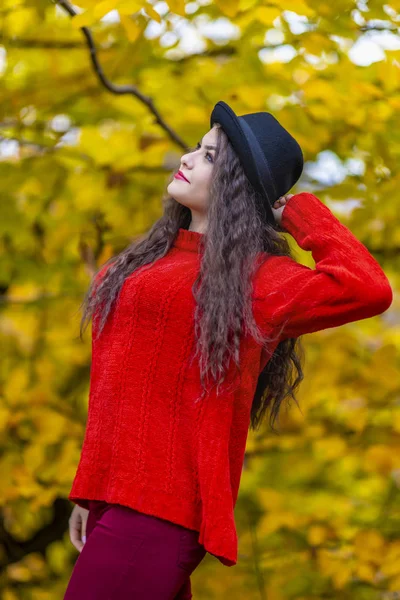 Porträt einer schönen hispanischen jungen Frau im herbstlichen Vordergrund — Stockfoto