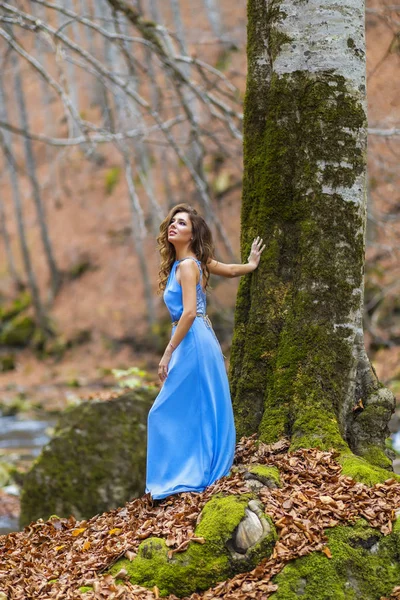 Όμορφη γυναίκα με μπλε φόρεμα στο δάσος την ημέρα του φθινοπώρου — Φωτογραφία Αρχείου