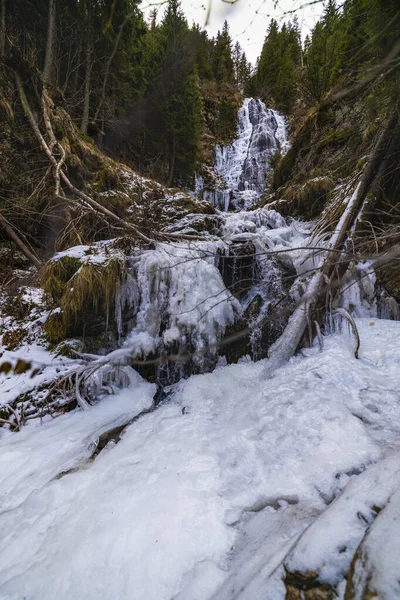 Una bella cascata in montagna durante la giornata invernale , — Foto Stock