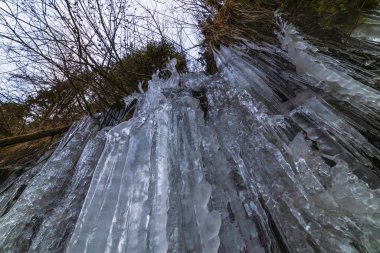 Donmuş bir şelaleden dağdaki güzel şekilli buz saçakları.