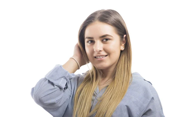 Retrato Una Joven Mujer Bonita Aislada Sobre Fondo Blanco —  Fotos de Stock