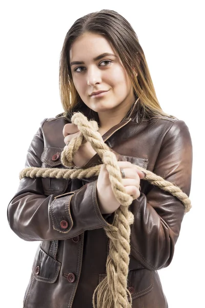 Retrato Mujer Hermosa Chaqueta Cuero Aislado Sobre Fondo Blanco — Foto de Stock