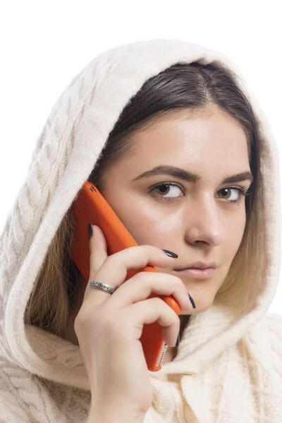Close Pretty Young Woman Talking Cellphone White Background — Stock Photo, Image