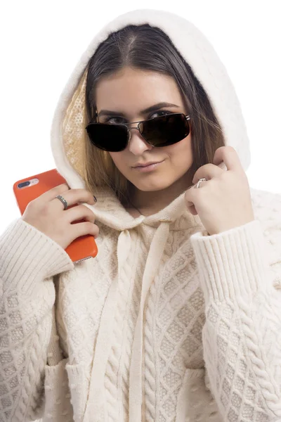 Fashionable Girl White Hoodie Sunglasses Smart Phone Her Hand White — Stock Photo, Image