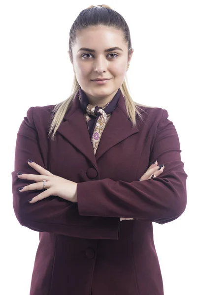 Close Retrato Uma Jovem Bela Aeromoça Caucasiana Uniforme Isolado Fundo — Fotografia de Stock