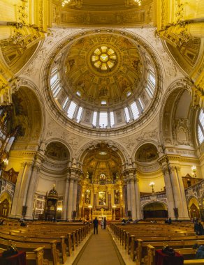 Berlin, Germany - February 7, 2020: Interior view of the Cathedral of Berlin. High angle view.