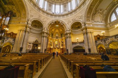 Berlin, Germany - February 7, 2020: Interior view of the Cathedral of Berlin. High angle view.