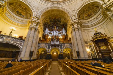 Berlin, Germany - February 7, 2020: Interior view of the Cathedral of Berlin. High angle view.