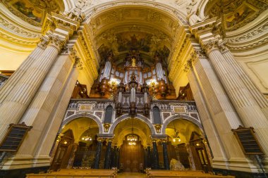 Berlin, Germany - February 7, 2020: Interior view of the Cathedral of Berlin. High angle view.