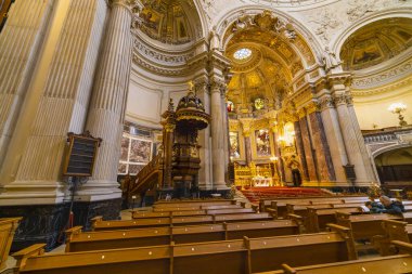Berlin, Germany - February 7, 2020: Interior view of the Cathedral of Berlin. High angle view.