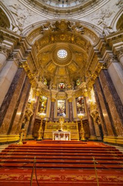 Berlin, Germany - February 7, 2020: Interior view of the Cathedral of Berlin. High angle view.