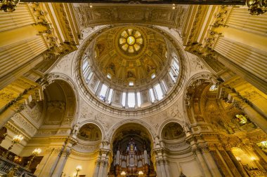 Berlin, Germany - February 7, 2020: Interior view of the Cathedral of Berlin. High angle view.