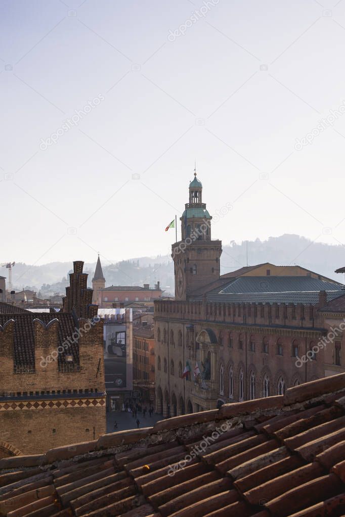 BOLOGNA, ITALY, on February 12, 2020. The top view on the red roofs of old city