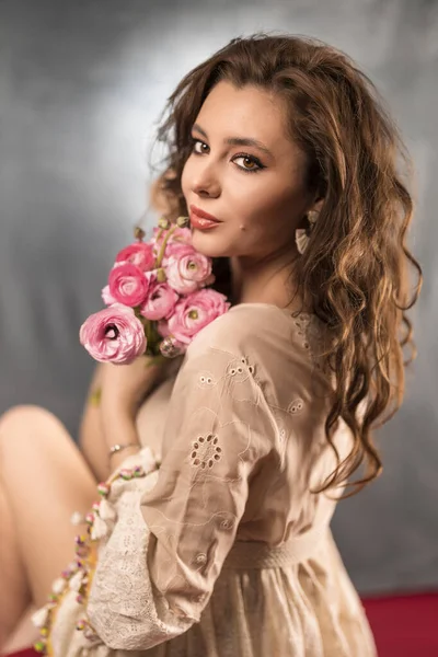 Portrait Young Woman Beautiful Professional Makeup Flower Grey Background — Stock Photo, Image