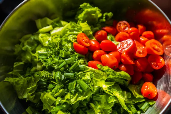 Grüner Salat Mit Tomaten Und Frischem Gemüse — Stockfoto