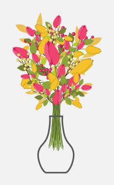 Cam vazo içinde sunulan renkli dekoratif çiçek grup