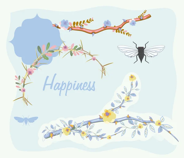 Insects on Vintage Flowers Branches — Stock Vector