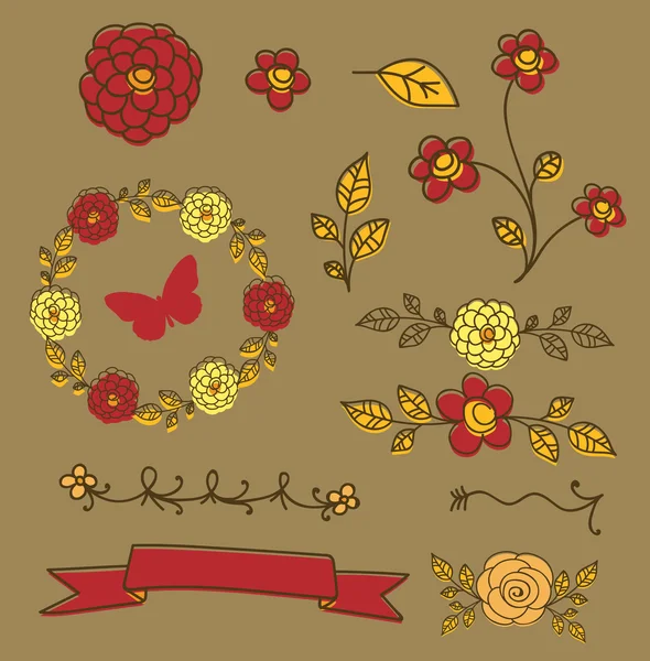 Flores y elementos dibujados a mano — Vector de stock