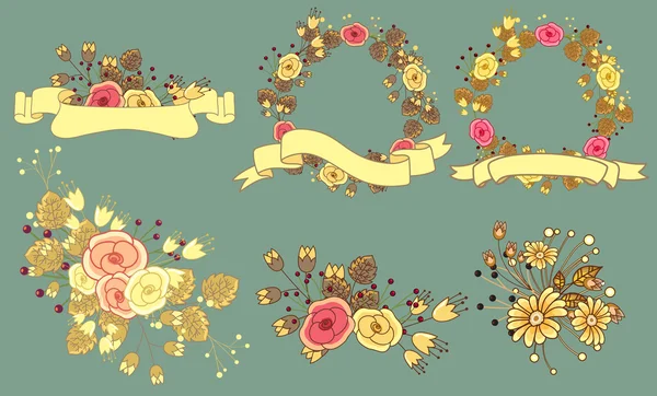 Ensemble vectoriel de bannière et de fleurs de couronne vintage — Image vectorielle