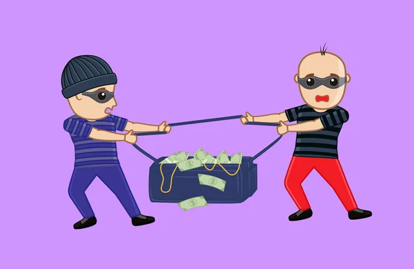 Dos ladrones luchando por bolsa de dinero — Vector de stock