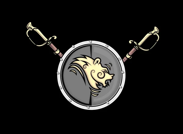 Escudo de emblema heráldico y espadas — Vector de stock