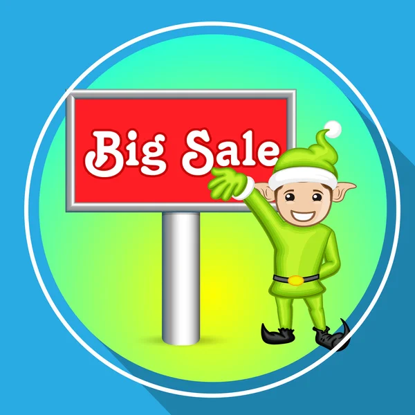 Elfo presentando grande vendita cartellone — Vettoriale Stock