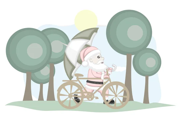 Santa Claus montar en bicicleta y sosteniendo un paraguas — Vector de stock