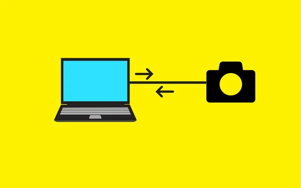 Transfert d'images de l'appareil photo à l'illustration vectorielle de l'ordinateur portable — Image vectorielle