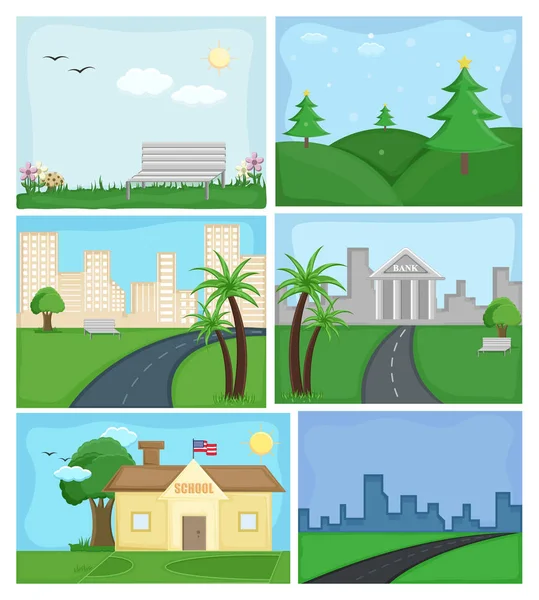 Cartoon Nature Backgrounds and Skylines — Stock Vector