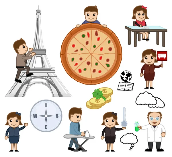 Illustration vectorielle de dessins animés sur les aliments, les voyages et les objets — Image vectorielle